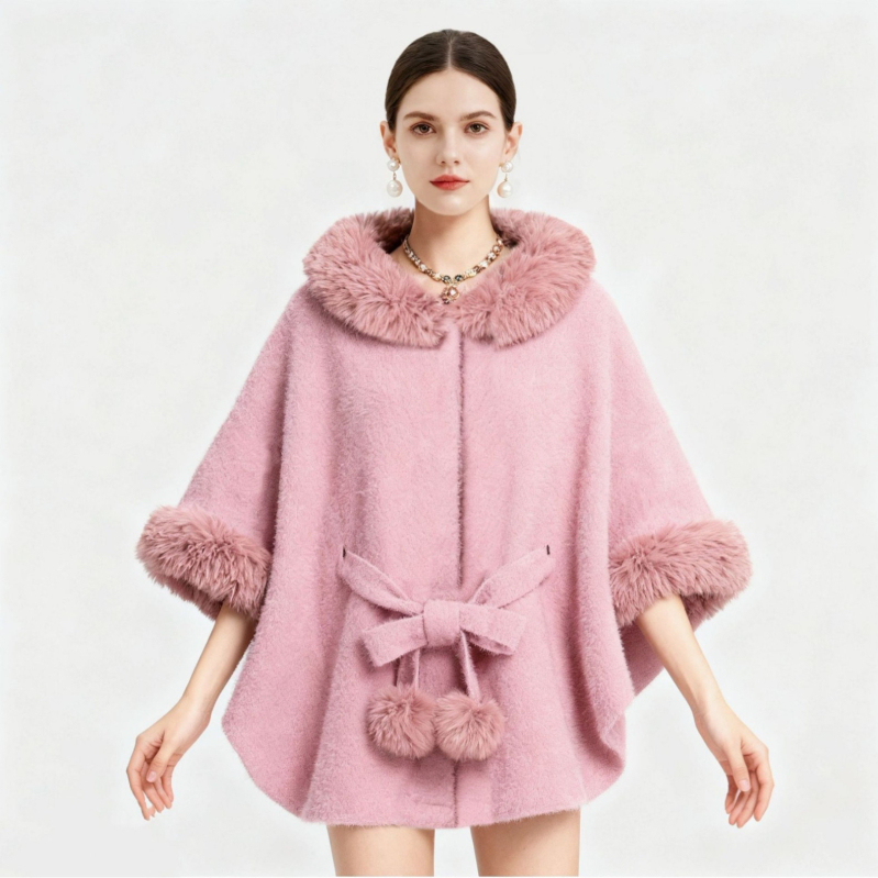 Pelerină cu curea și guler din blană sintetică de nurcă, guler înalt, stil cardigan, poliester