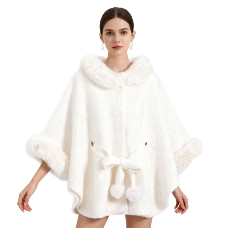 Pelerină cu curea și guler din blană sintetică de nurcă, guler înalt, stil cardigan, poliester