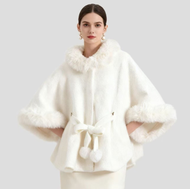 Pelerină cu curea și guler din blană sintetică de nurcă, guler înalt, stil cardigan, poliester