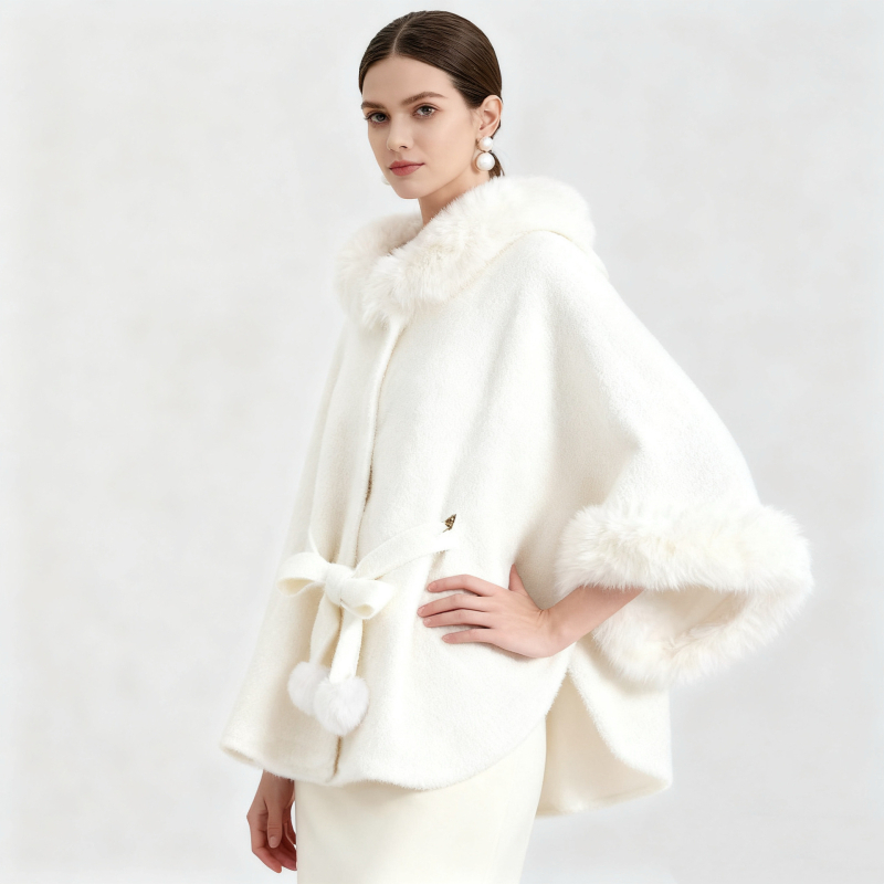 Pelerină cu curea și guler din blană sintetică de nurcă, guler înalt, stil cardigan, poliester