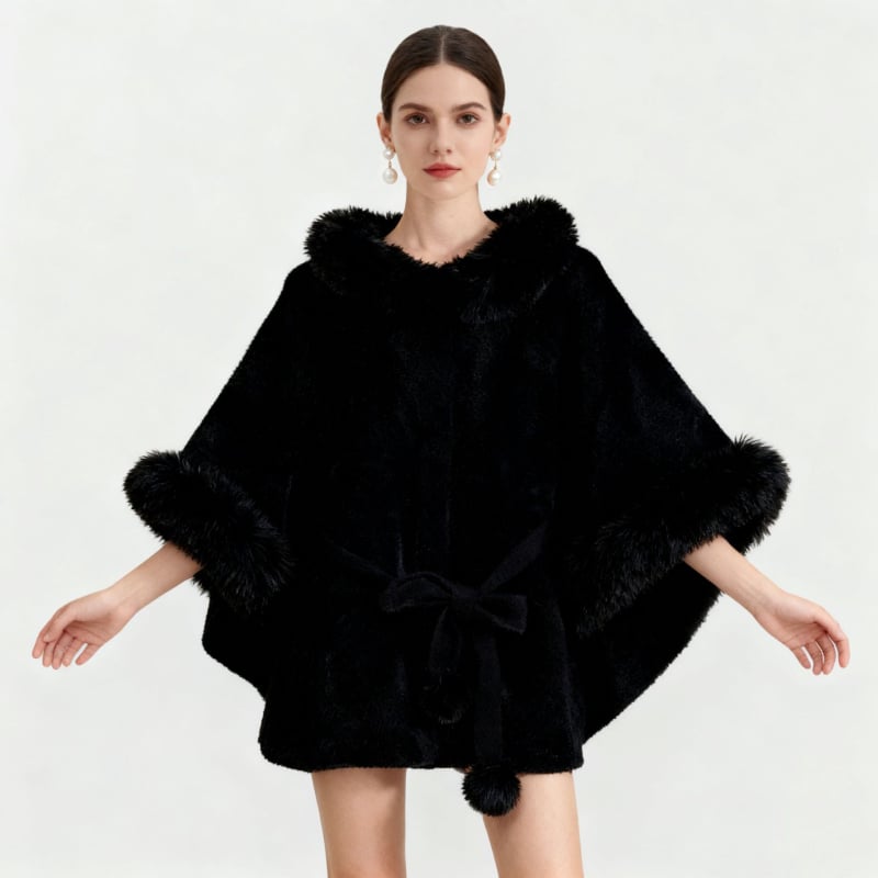 Pelerină cu curea și guler din blană sintetică de nurcă, guler înalt, stil cardigan, poliester