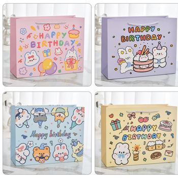 Kraft papírtáska aranyos rajzolt nyuszival, nyomtatási film eljárás, rajzfilm stílus, alkalmas ajándékokra vásárokon, logó nélküli