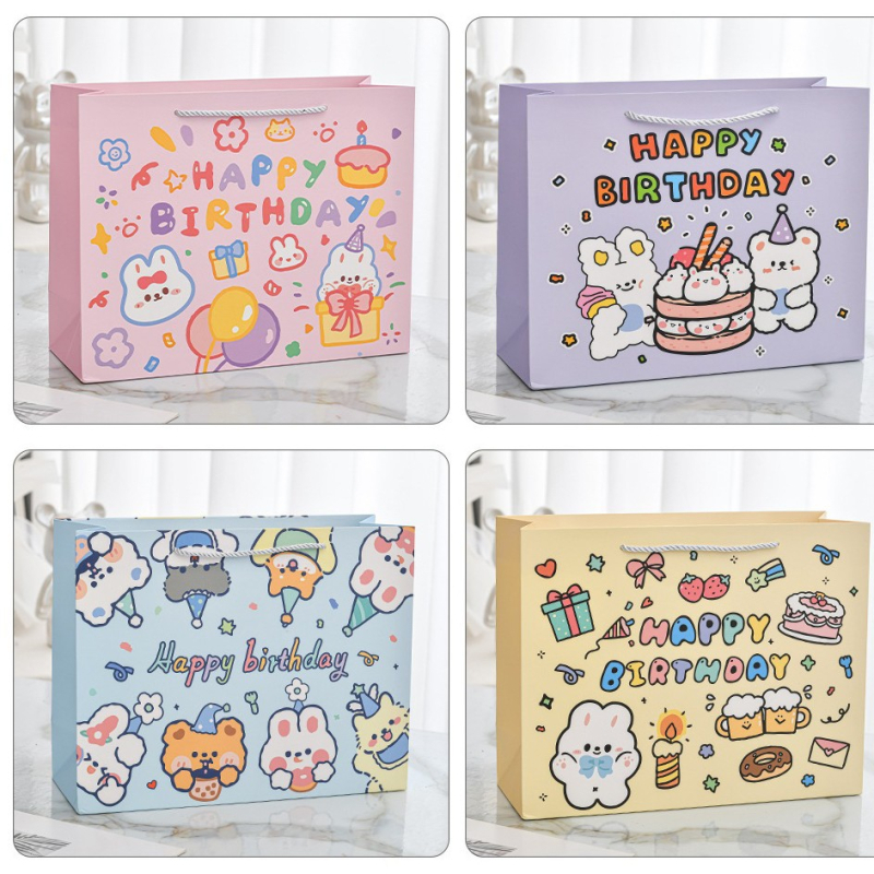 Kraft papírtáska aranyos rajzolt nyuszival, nyomtatási film eljárás, rajzfilm stílus, alkalmas ajándékokra vásárokon, logó nélküli