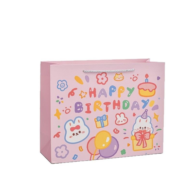 Kraft papírtáska aranyos rajzolt nyuszival, nyomtatási film eljárás, rajzfilm stílus, alkalmas ajándékokra vásárokon, logó nélküli