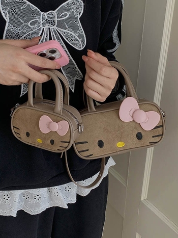 Чанта през рамо за момичета с котешки карикатурен принт — nubuk кожа, разширяваща се вместимост, подплата от полиестер, лятно издание 2025