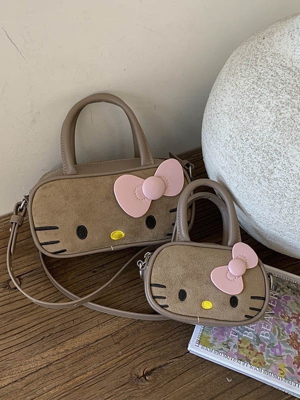 Чанта през рамо за момичета с котешки карикатурен принт — nubuk кожа, разширяваща се вместимост, подплата от полиестер, лятно издание 2025