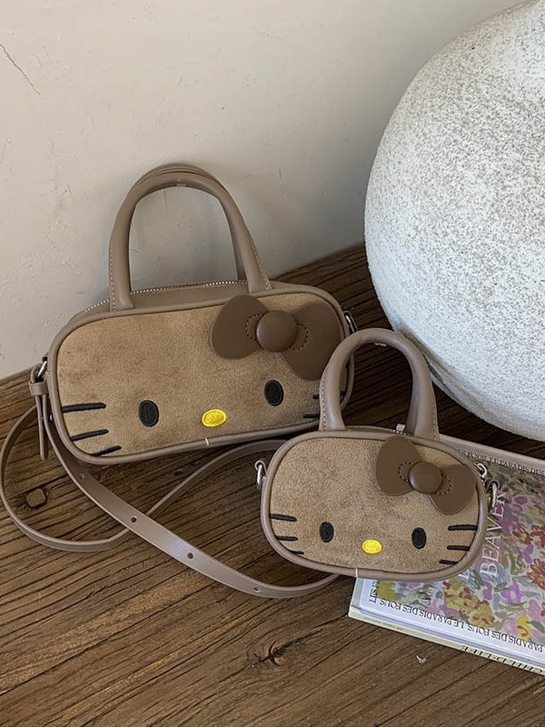 Чанта през рамо за момичета с котешки карикатурен принт — nubuk кожа, разширяваща се вместимост, подплата от полиестер, лятно издание 2025