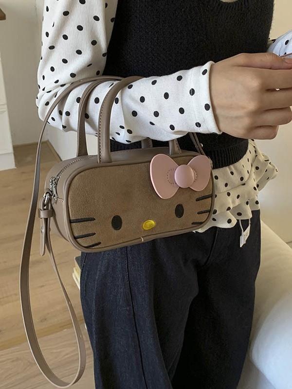 Чанта през рамо за момичета с котешки карикатурен принт — nubuk кожа, разширяваща се вместимост, подплата от полиестер, лятно издание 2025