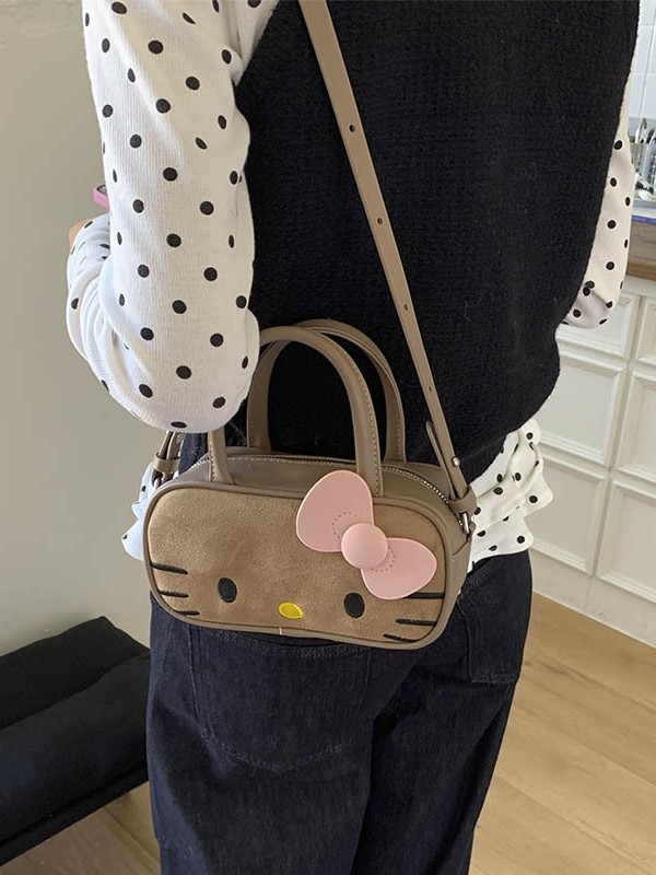 Чанта през рамо за момичета с котешки карикатурен принт — nubuk кожа, разширяваща се вместимост, подплата от полиестер, лятно издание 2025