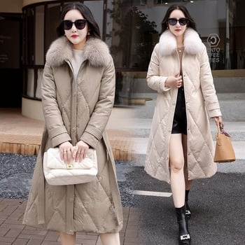 Jachetă din piele pentru femei, cu guler din blană de vulpe, lungime medie, umplutură din puf de rață alb, 201–300 g, închidere cu fermoar