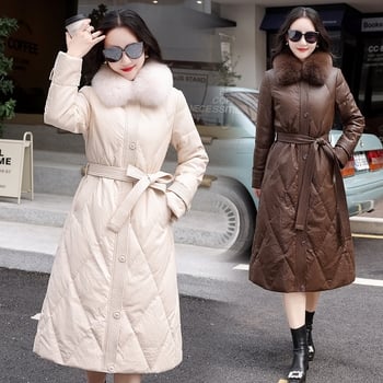 Jachetă din piele pentru femei, cu guler din blană de vulpe, lungime medie, umplutură din puf de rață alb, 201–300 g, închidere cu fermoar