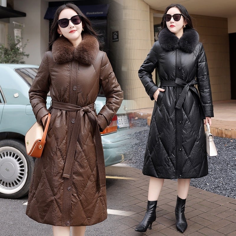 Jachetă din piele pentru femei, cu guler din blană de vulpe, lungime medie, umplutură din puf de rață alb, 201–300 g, închidere cu fermoar