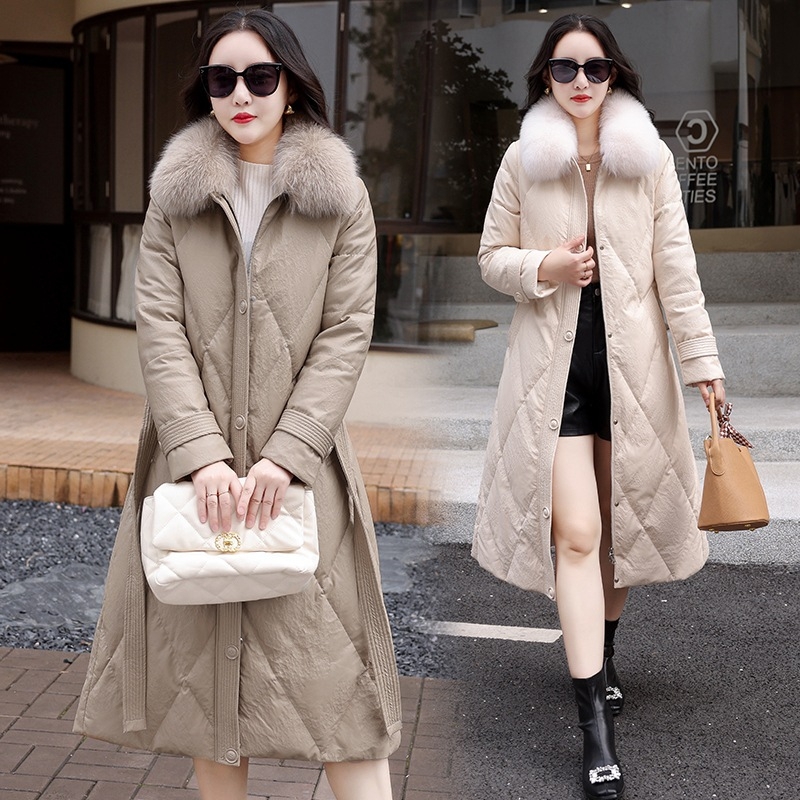 Jachetă din piele pentru femei, cu guler din blană de vulpe, lungime medie, umplutură din puf de rață alb, 201–300 g, închidere cu fermoar