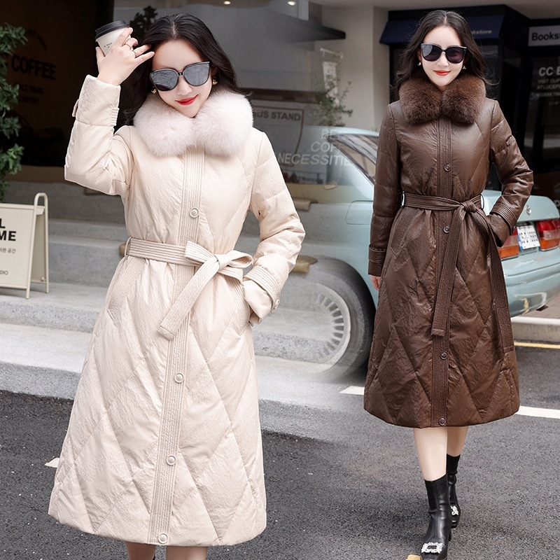 Jachetă din piele pentru femei, cu guler din blană de vulpe, lungime medie, umplutură din puf de rață alb, 201–300 g, închidere cu fermoar
