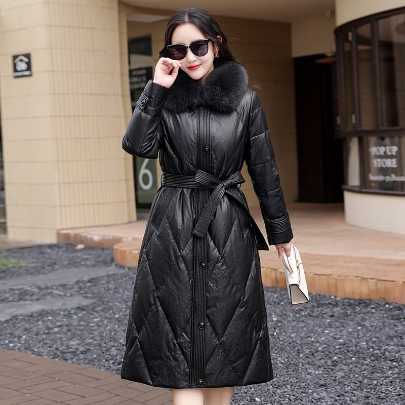 Jachetă din piele pentru femei, cu guler din blană de vulpe, lungime medie, umplutură din puf de rață alb, 201–300 g, închidere cu fermoar