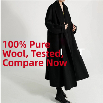 Moteriškas dviejų pusių vilnos-kašmira ilgas paltas su apykakle, laisvas kirpimas, 95% vilna