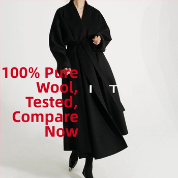 Moteriškas dviejų pusių vilnos-kašmira ilgas paltas su apykakle, laisvas kirpimas, 95% vilna