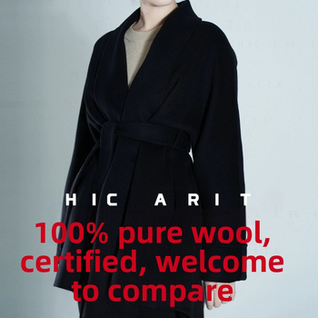 Moteriškas dviejų pusių vilnos-kašmira ilgas paltas su apykakle, laisvas kirpimas, 95% vilna