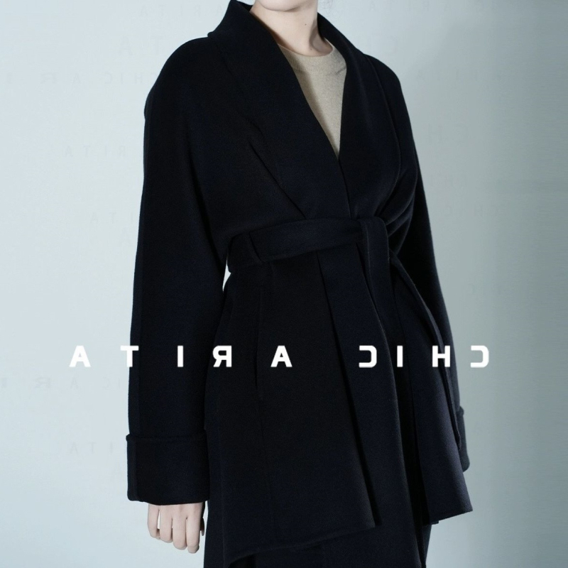 Moteriškas dviejų pusių vilnos-kašmira ilgas paltas su apykakle, laisvas kirpimas, 95% vilna