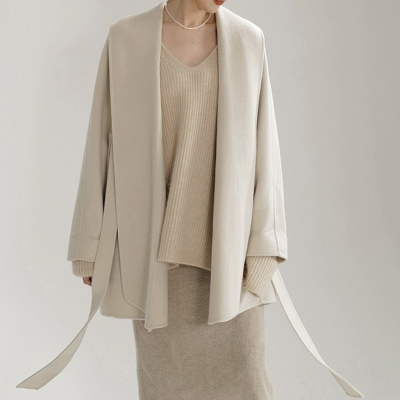 Moteriškas dviejų pusių vilnos-kašmira ilgas paltas su apykakle, laisvas kirpimas, 95% vilna