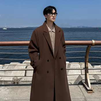 Ilgas vilnos paltas iki kelių, dvigubas užsegimas, apykaklė, Korėjos stilius, laisvas siluetas, Žiema 2025