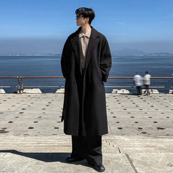 Ilgas vilnos paltas iki kelių, dvigubas užsegimas, apykaklė, Korėjos stilius, laisvas siluetas, Žiema 2025