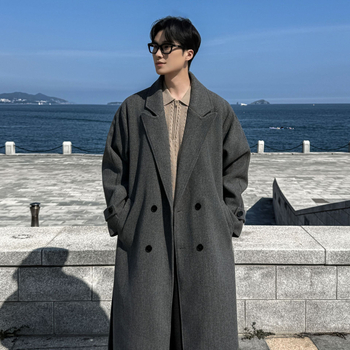 Ilgas vilnos paltas iki kelių, dvigubas užsegimas, apykaklė, Korėjos stilius, laisvas siluetas, Žiema 2025