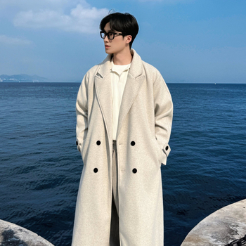 Ilgas vilnos paltas iki kelių, dvigubas užsegimas, apykaklė, Korėjos stilius, laisvas siluetas, Žiema 2025