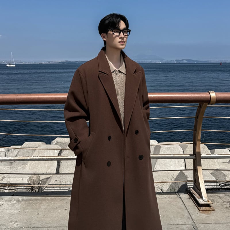 Ilgas vilnos paltas iki kelių, dvigubas užsegimas, apykaklė, Korėjos stilius, laisvas siluetas, Žiema 2025