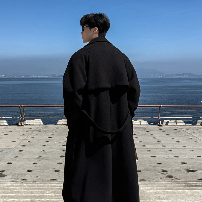 Ilgas vilnos paltas iki kelių, dvigubas užsegimas, apykaklė, Korėjos stilius, laisvas siluetas, Žiema 2025