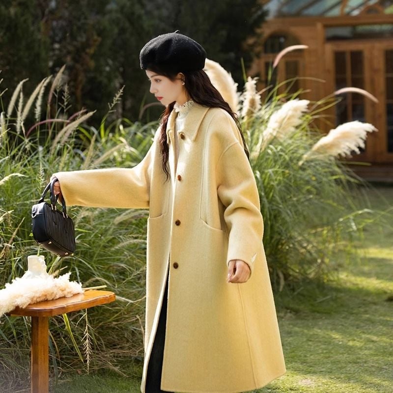 Moteriškas poliesterio paltas su Peter Pan apykakle, korėjietiško stiliaus, vidutinio ilgio, ilgomis rankovėmis