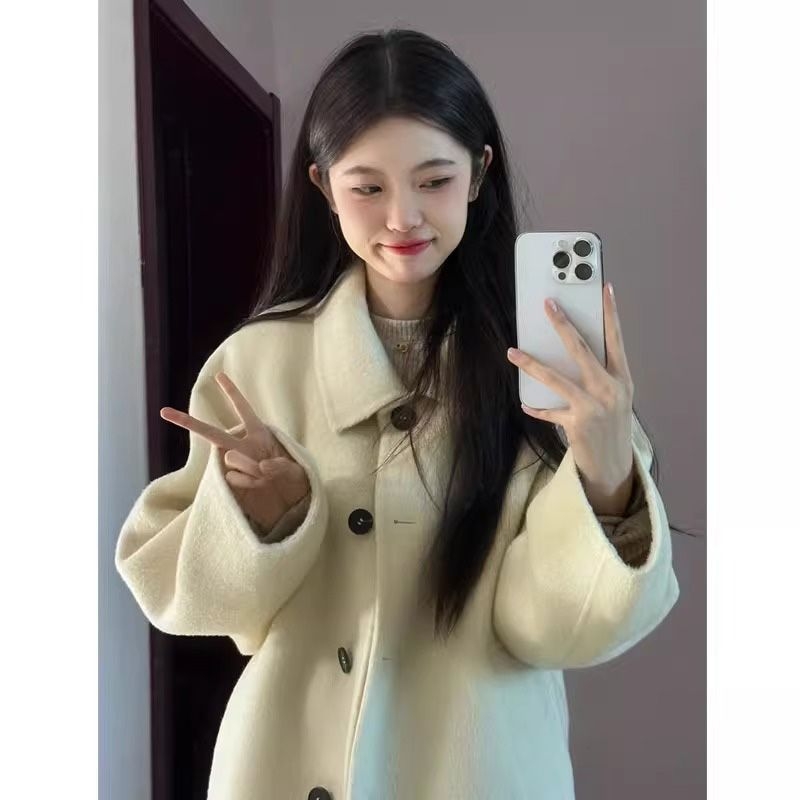 Moteriškas poliesterio paltas su Peter Pan apykakle, korėjietiško stiliaus, vidutinio ilgio, ilgomis rankovėmis