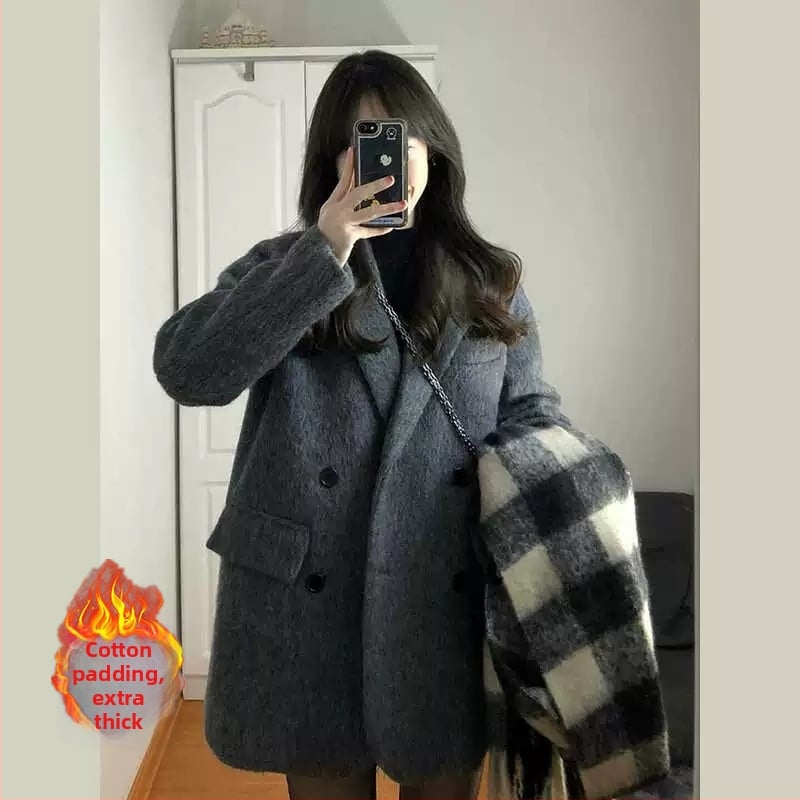 Moteriški trumpi vilnos paltai su kailinės apykaklės, dvigubo užsegimo, siauras kirpimas, ruduo 2025, japonų-koreeijos laisvalaikio stilius