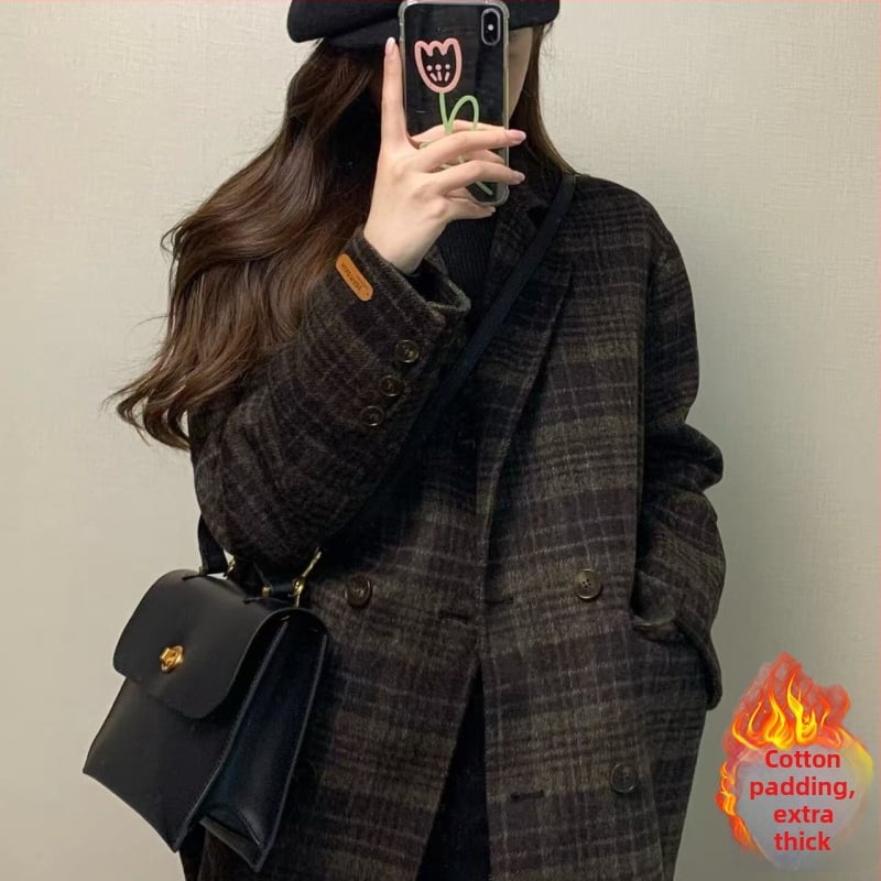 Moteriški trumpi vilnos paltai su kailinės apykaklės, dvigubo užsegimo, siauras kirpimas, ruduo 2025, japonų-koreeijos laisvalaikio stilius