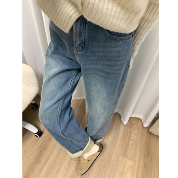 Τζιν γυναικείο με επένδυση φλίς, χοντρό ύφασμα, ψηλή μέση, φαρδιά μπατζάκια, ντένιμ, 50–70% βαμβάκι, φερμουάρ και κουμπιά, πολλές τσέπες