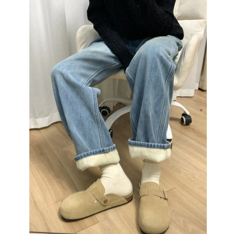 Τζιν γυναικείο με επένδυση φλίς, χοντρό ύφασμα, ψηλή μέση, φαρδιά μπατζάκια, ντένιμ, 50–70% βαμβάκι, φερμουάρ και κουμπιά, πολλές τσέπες