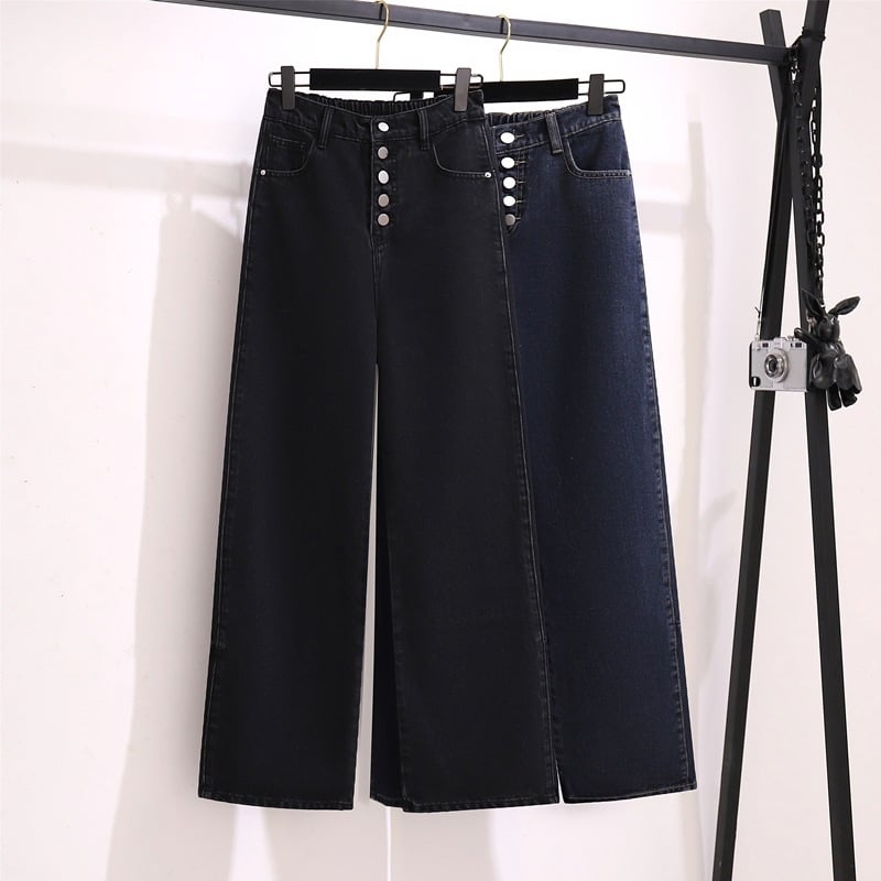 Γυναικείες τζιν από ντένιμ με ελαστική μέση, μπροστινό κούμπωμα με κουμπιά και φαρδιά γραμμή παντελονιού, Άνοιξη 2022
