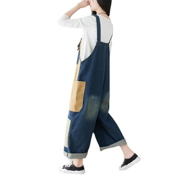 Τζιν φόρμες με τιράντες από βαμβάκι, χαλαρή γραμμή με φαρδιά πόδια, πατς λεπτομέρειες, γυναικεία