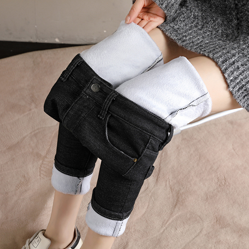 Τζιν παντελόνια, στενή γραμμή, υψηλή μέση, παχύ ύφασμα, βαμβάκι 50–70%