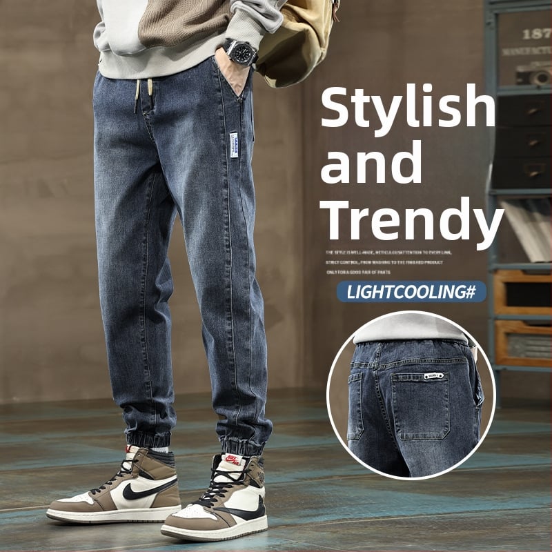 Vīriešu džinsi ar taisnu piegriezumu, denims-pamu audums, vidējā josta, auklas aizdare, mazgājams