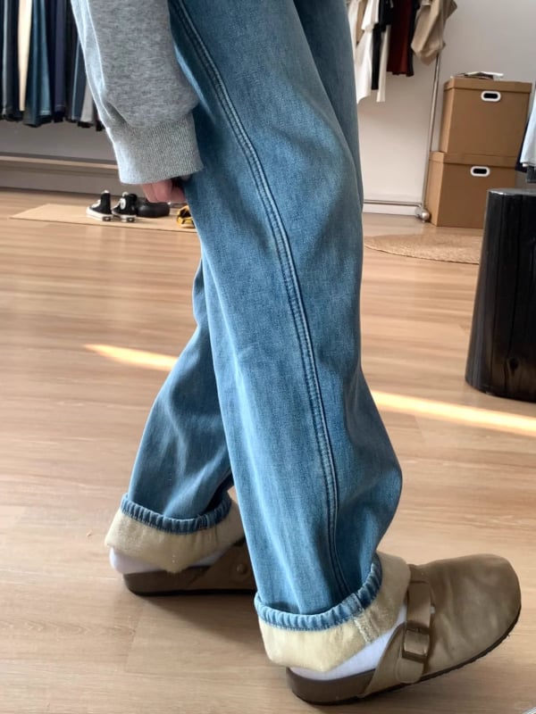 Γυναικείες τζίνς με φλίς επένδυση από βαμβάκι-πολυεστέρα, υψηλή μέση, ίσια γραμμή, χειμερινό 2025