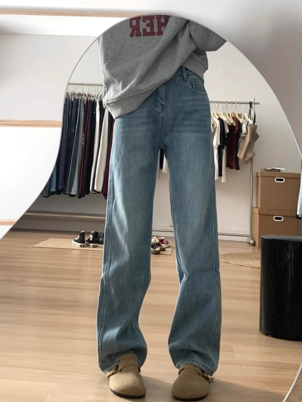 Γυναικείες τζίνς με φλίς επένδυση από βαμβάκι-πολυεστέρα, υψηλή μέση, ίσια γραμμή, χειμερινό 2025