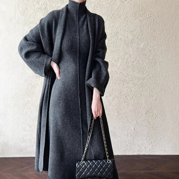 Ženski pleteni set haljina, jednostavan dizajn, dugačka haljina, pleteni materijal, akril 30–50% i poliester 30–50%, elegantan svakodnevni stil