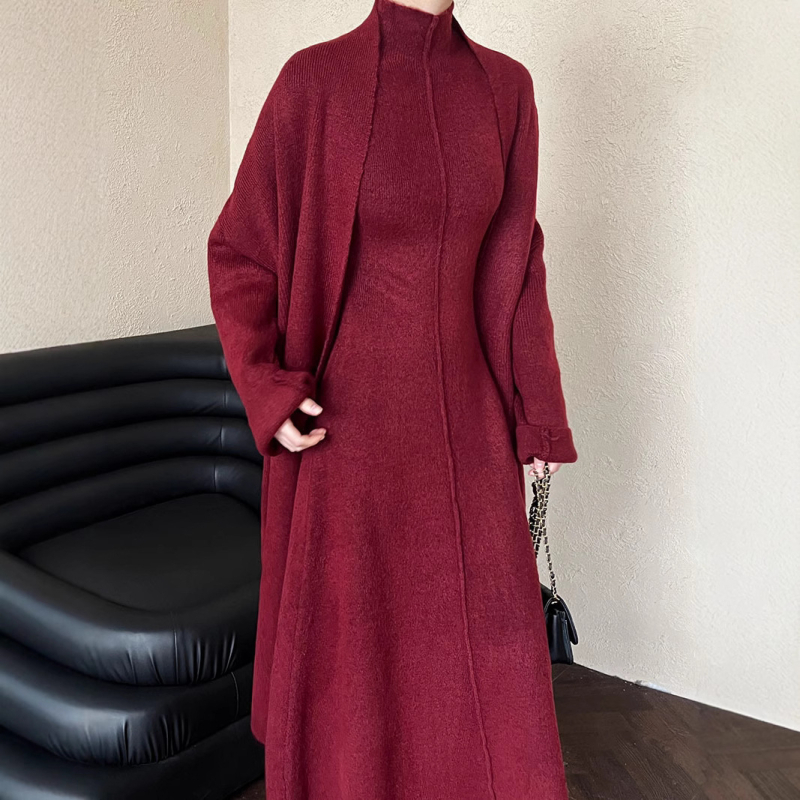 Ženski pleteni set haljina, jednostavan dizajn, dugačka haljina, pleteni materijal, akril 30–50% i poliester 30–50%, elegantan svakodnevni stil