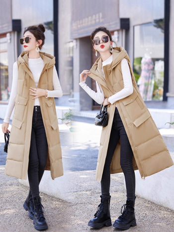 Sieviešu garā pūka jaka ar kapuci – šaurs siluets, līdz ceļgaliem, poliestera ārējais audums, pildījums no pūka un kokvilnas, Korejas stila (Kapucī, Šaurs siluets, Poliesteris, Pildījums pūka un kokvilna, Korejas stilis)