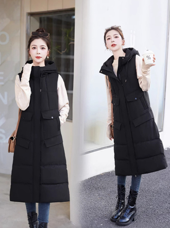 Sieviešu garā pūka jaka ar kapuci – šaurs siluets, līdz ceļgaliem, poliestera ārējais audums, pildījums no pūka un kokvilnas, Korejas stila (Kapucī, Šaurs siluets, Poliesteris, Pildījums pūka un kokvilna, Korejas stilis)