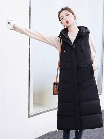 Sieviešu garā pūka jaka ar kapuci – šaurs siluets, līdz ceļgaliem, poliestera ārējais audums, pildījums no pūka un kokvilnas, Korejas stila (Kapucī, Šaurs siluets, Poliesteris, Pildījums pūka un kokvilna, Korejas stilis)