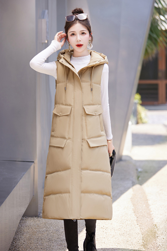 Sieviešu garā pūka jaka ar kapuci – šaurs siluets, līdz ceļgaliem, poliestera ārējais audums, pildījums no pūka un kokvilnas, Korejas stila (Kapucī, Šaurs siluets, Poliesteris, Pildījums pūka un kokvilna, Korejas stilis)