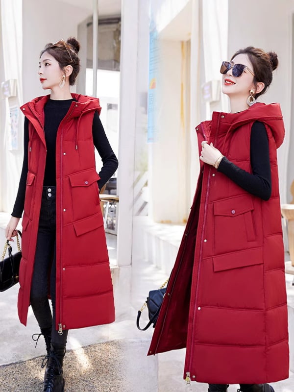 Sieviešu garā pūka jaka ar kapuci – šaurs siluets, līdz ceļgaliem, poliestera ārējais audums, pildījums no pūka un kokvilnas, Korejas stila (Kapucī, Šaurs siluets, Poliesteris, Pildījums pūka un kokvilna, Korejas stilis)