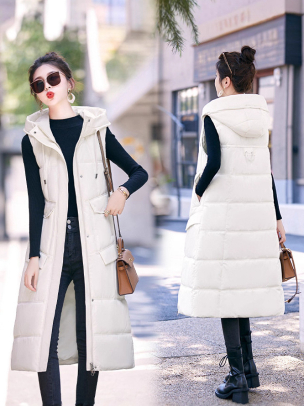 Sieviešu garā pūka jaka ar kapuci – šaurs siluets, līdz ceļgaliem, poliestera ārējais audums, pildījums no pūka un kokvilnas, Korejas stila (Kapucī, Šaurs siluets, Poliesteris, Pildījums pūka un kokvilna, Korejas stilis)